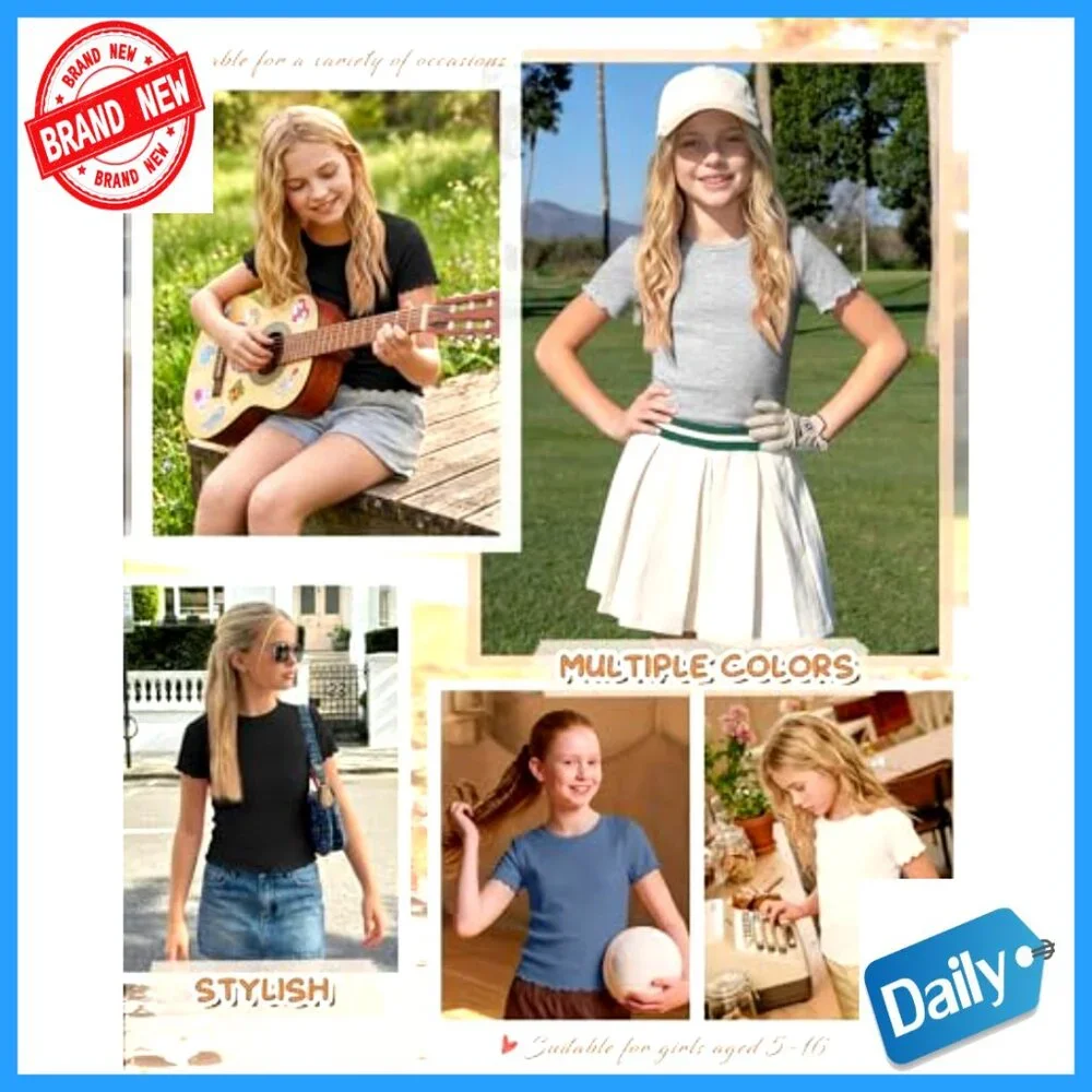 4 Pack Girls Short Sleeve Tees Slim Fit Lettuce Trim Crewneck Summer Tops - Picture 2 of 6